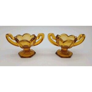 2 PC CENTRAL GLASS ROUND PEDESTAL OPEN SALT W/ HANDLES AMBER #P17